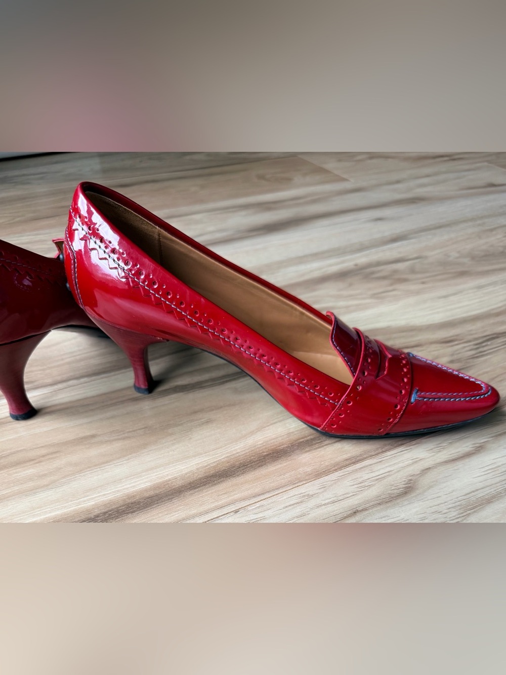 Tod's Red Patent Leather Pointed Penny Loafers w/ Kitten Heal S- 38 1/2 - 8 1/2 - Picture 4 of 11